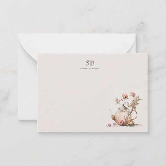 ワイルドフラワーティーパーティー水彩ティーイニシャル ノートカード (正面)