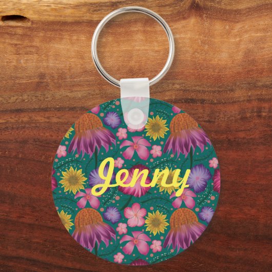 ワイルドフラワーティール(緑がかった色)フローラ パーソナライズされた キーホルダー (正面)