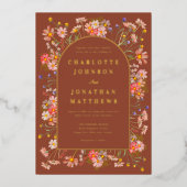 ワイルドフラワーテラコッタバーンオレンジ秋金ゴールド 箔招待状 (正面)