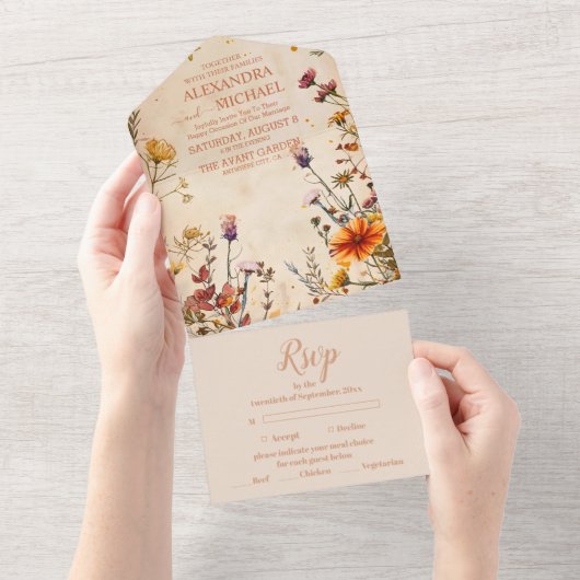 ワイルドフラワーテラコッタフローラウォーター結婚カラー オールインワン招待状 (貼ってはがせる)