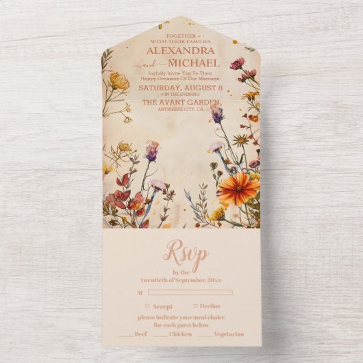 ワイルドフラワーテラコッタフローラウォーター結婚カラー オールインワン招待状 (内側)