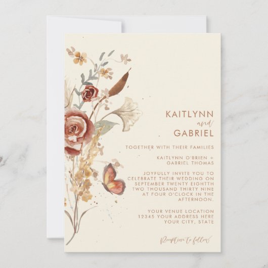 ワイルドフラワーテラコッタフローラウォーター結婚カラー 招待状 (正面)