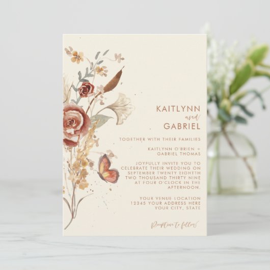 ワイルドフラワーテラコッタフローラウォーター結婚カラー 招待状 (スタンド正面)