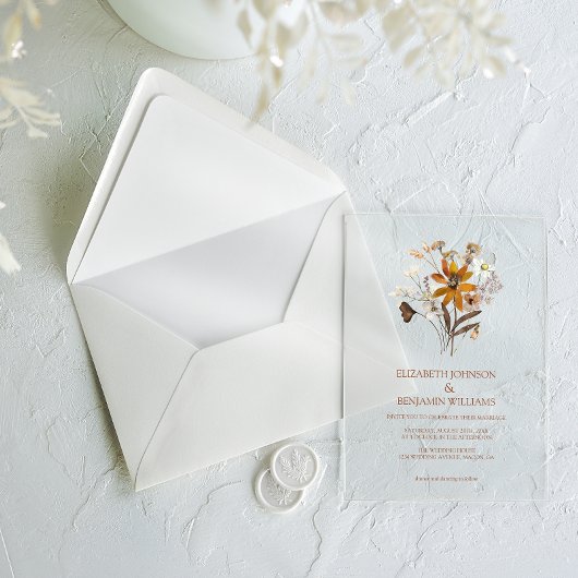 ワイルドフラワーテラコッタボホシック庭園の結婚式 アクリル招待状