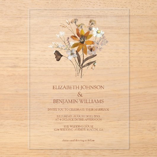 ワイルドフラワーテラコッタボホシック庭園の結婚式 アクリル招待状 (正面)