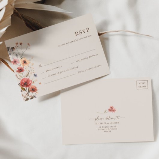 ワイルドフラワーテラコッタミニマリストウェディングRSVPカード 出欠カード