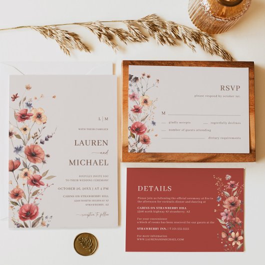 ワイルドフラワーテラコッタミニマリストウェディングRSVPカード 出欠カード