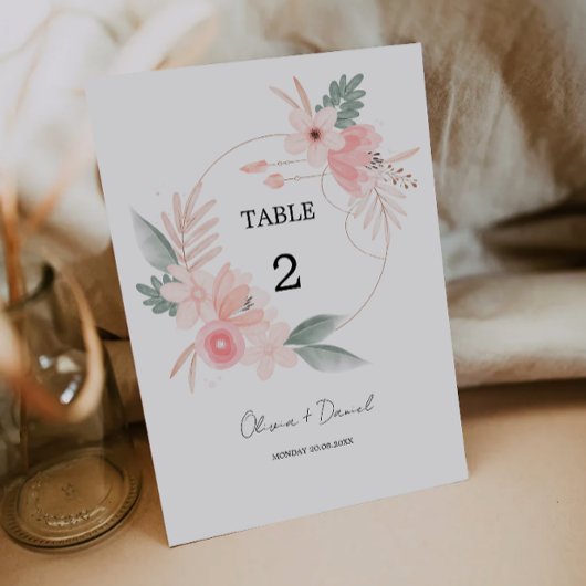 ワイルドフラワーテーブル番号カードテンプレート、ミニマリスト 招待状