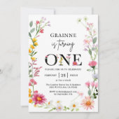 ワイルドフラワーテーマの女の子の1歳の誕生日パーティー招待状 招待状 (正面)