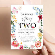 ワイルドフラワーテーマの女の子の2歳の誕生日招待状