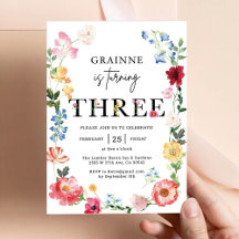 ワイルドフラワーテーマの女の子の3歳の誕生日招待状