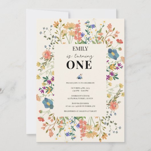 ワイルドフラワーテーマガールファースト誕生日 招待状 (正面)
