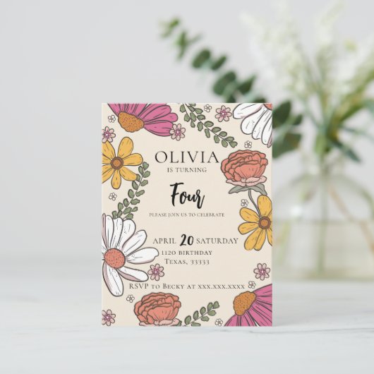 ワイルドフラワーテーマガール誕生日 ポストカード (スタンド正面)