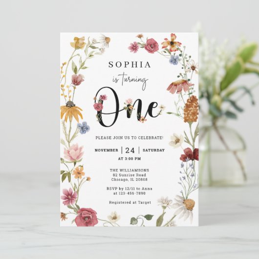 ワイルドフラワーテーマガール1st誕生日招待状 招待状 (スタンド正面)