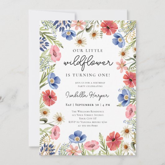 ワイルドフラワーテーマガール1st誕生日招待状 招待状 (正面)