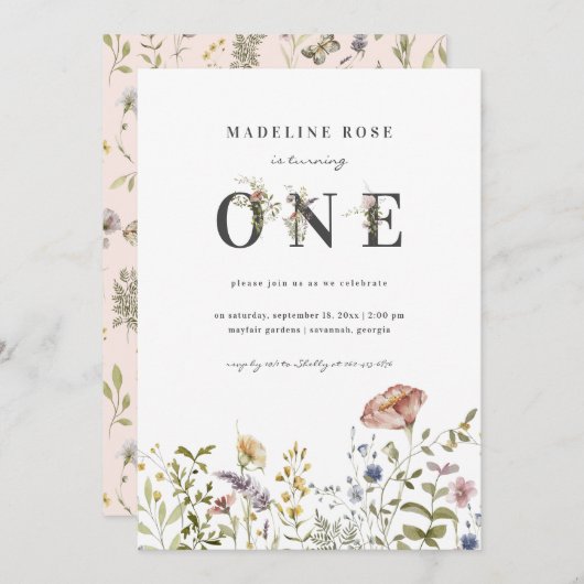 ワイルドフラワーテーマガール1st誕生日 招待状 (正面/裏面)