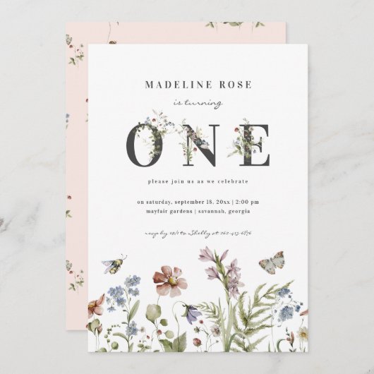 ワイルドフラワーテーマガール1st誕生日 招待状 (正面/裏面)