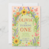 ワイルドフラワーテーマガール1st誕生日、最初の誕生日 招待状 (正面)