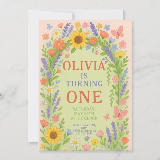 ワイルドフラワーテーマガール1st誕生日、最初の誕生日 招待状 (正面)