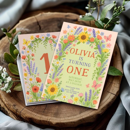 ワイルドフラワーテーマガール1st誕生日、最初の誕生日 招待状
