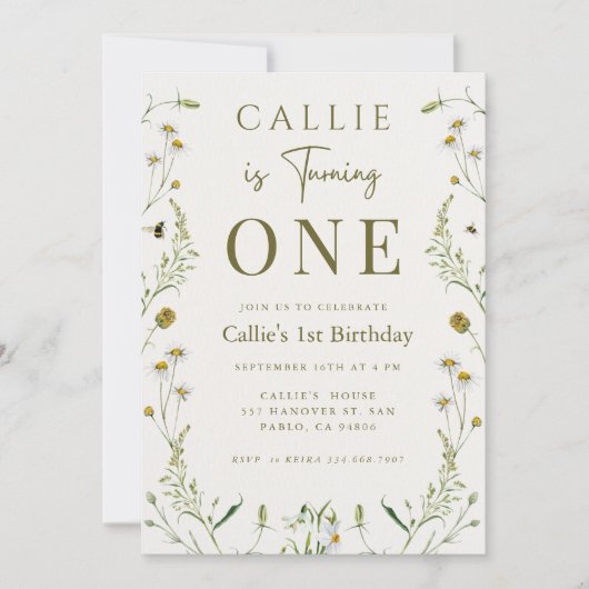 ワイルドフラワーテーマセージグリーンガール1st誕生日 招待状 (正面)