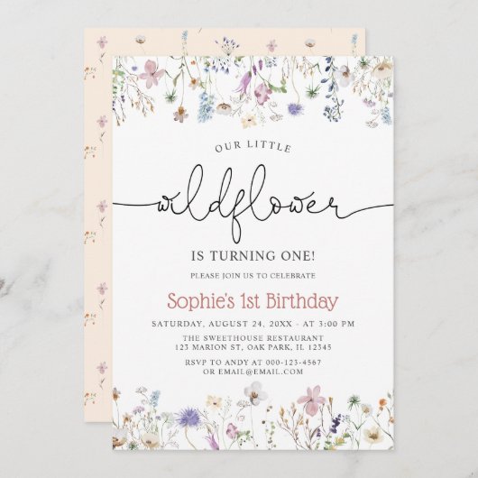 ワイルドフラワーテーマベビーガール1st誕生日 招待状 (正面/裏面)
