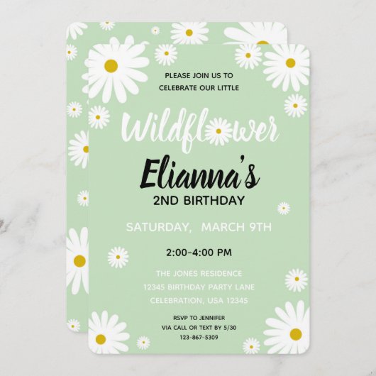 ワイルドフラワーデイジーガール誕生日招待状 招待状 (正面/裏面)