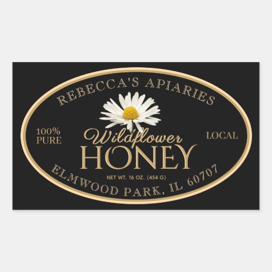ワイルドフラワーデイジーブラックラベル縁ど金ゴールド 長方形シール (正面)