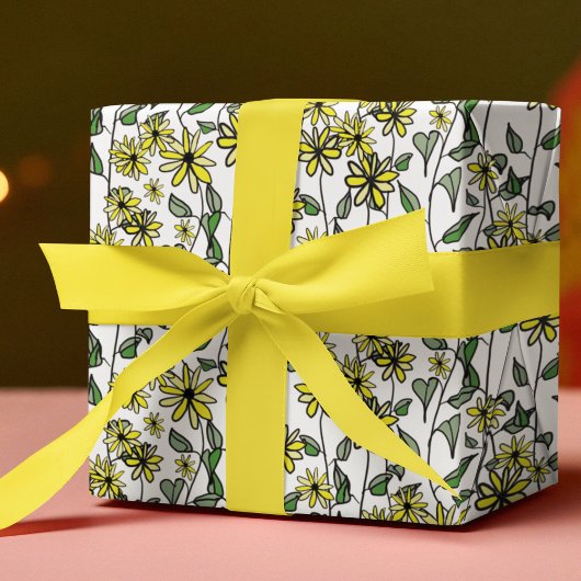 ワイルドフラワーデイジー柄かわいいボホ手描きギフト ラッピングペーパー