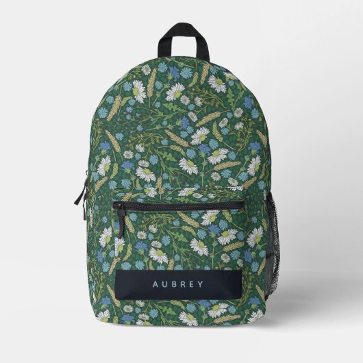 ワイルドフラワーデイジー模様フォレストグリーン プリントバックパック (正面)