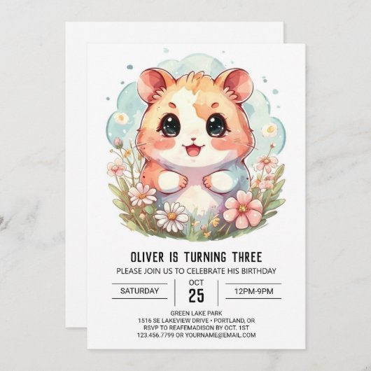 ワイルドフラワーデジタルハムスター誕生日 招待状 (正面/裏面)
