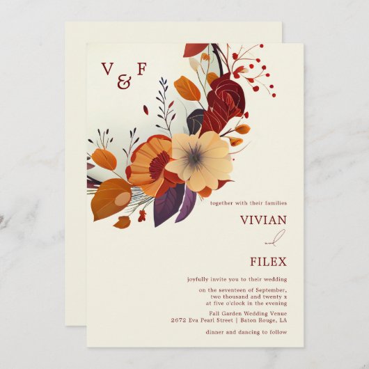 ワイルドフラワーネームイニシャル秋の結婚式 招待状 (正面/裏面)