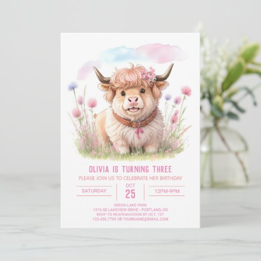 ワイルドフラワーハイランドカウブリスガール誕生日 招待状 (スタンド正面)