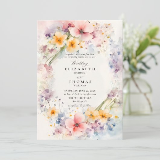 ワイルドフラワーハッピーガーデンモダンエレガントな結婚式 招待状 (スタンド正面)