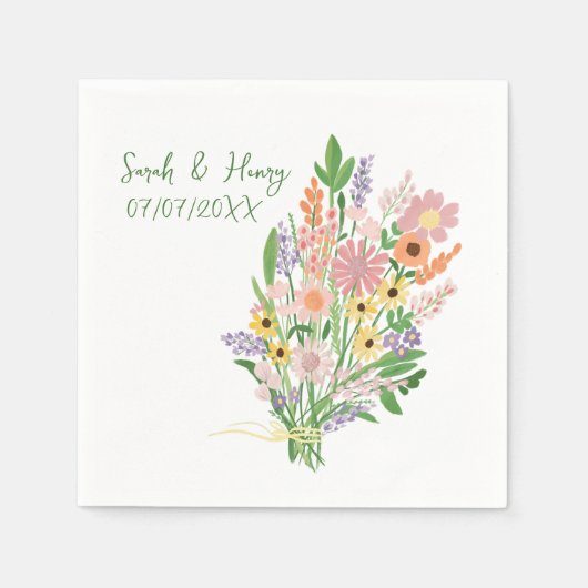 ワイルドフラワーハンドカ絵を描スタムウェディング婚約 スタンダードカクテルナプキン (正面)