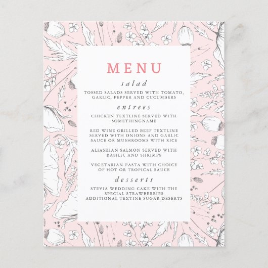 ワイルドフラワーハンドドロッエレガントクピンク結婚のメニュー チラシ (正面)