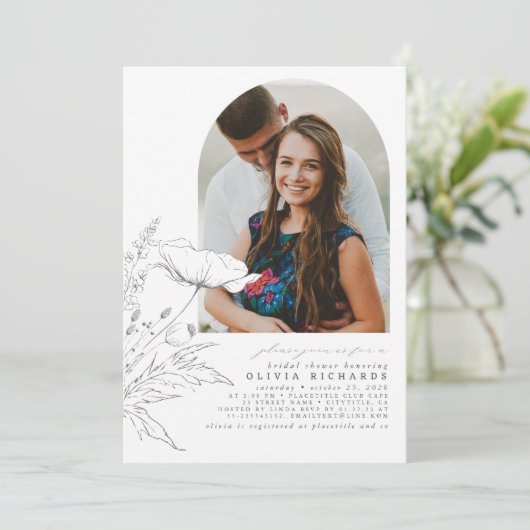 ワイルドフラワーハンドドローエレガントブライダルシャワー写真 招待状 (スタンド正面)