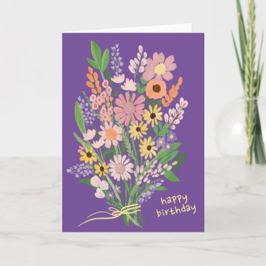 ワイルドフラワーハンド色彩の鮮やかガウアッシュハッピーバースデー カード (正面)