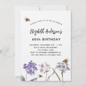 ワイルドフラワーバイオレットピンクのミツバチの贅沢な誕生日 招待状 (正面)