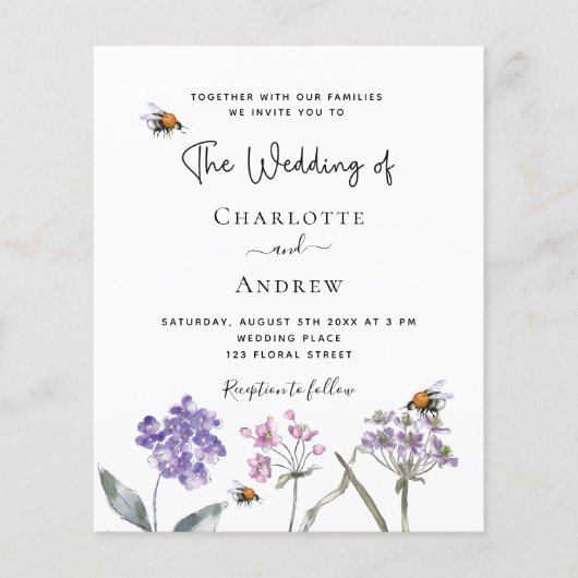 ワイルドフラワーバイオレットQR予算結婚式招待状 (正面)