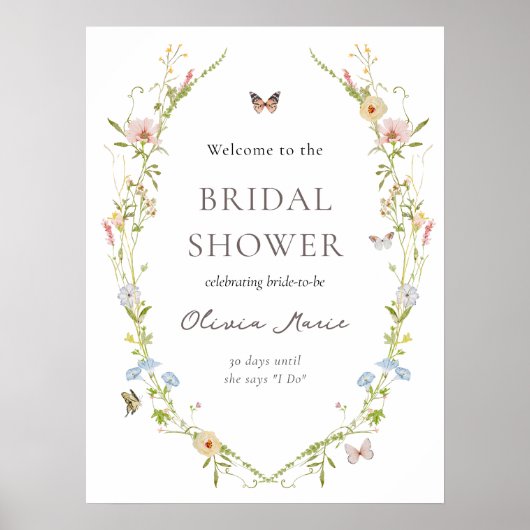 ワイルドフラワーバタフライガーデンブライダルウェルカムサイン ポスター (正面)