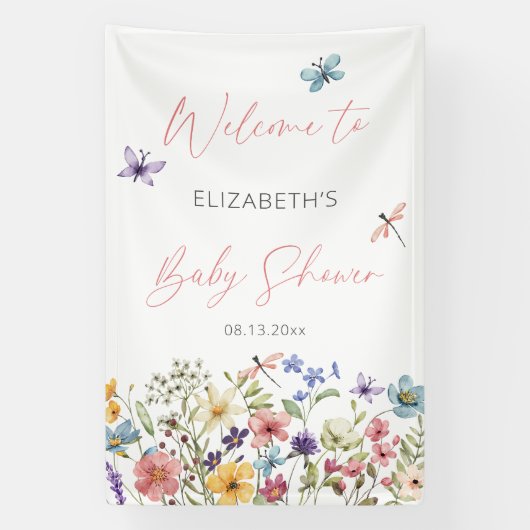 ワイルドフラワーバタフライガーデンベビーシャワーへようこそ 横断幕 (縦)