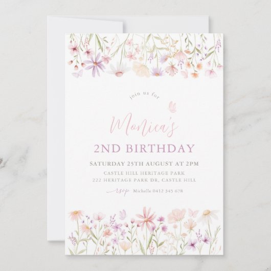 ワイルドフラワーバタフライガールズセカンドバースデー 招待状 (正面)