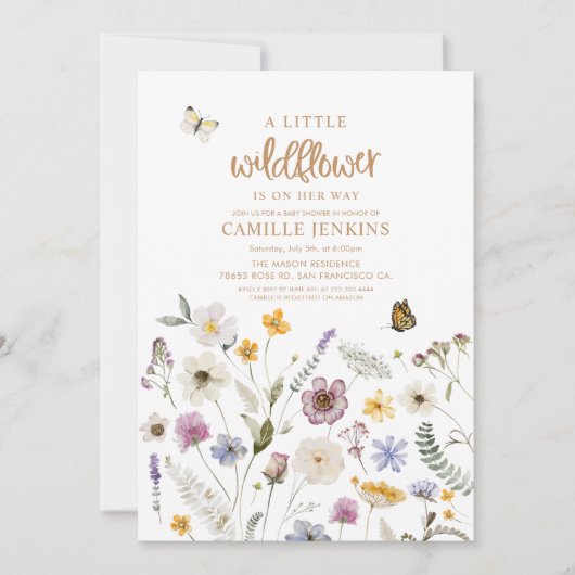 ワイルドフラワーバタフライガールベビーシャワー 招待状 (正面)