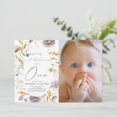 ワイルドフラワーバタフライパープル1stバースデーフォト 招待状 (スタンド正面)