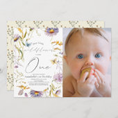 ワイルドフラワーバタフライパープル1stバースデーフォト 招待状 (正面/裏面)