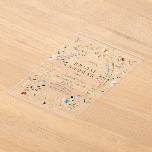 ワイルドフラワーバタフライビーウォーターカラーブライダルシャワー アクリル招待状 (レイダウン)