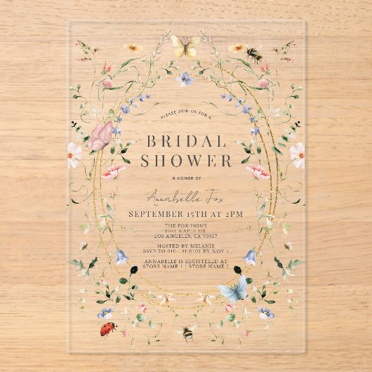 ワイルドフラワーバタフライビーウォーターカラーブライダルシャワー アクリル招待状 (正面)