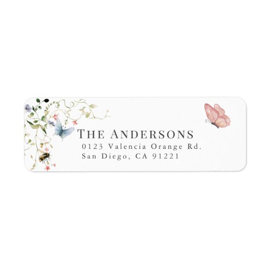 ワイルドフラワーバタフライビーウォーターカラー差出人住所 ラベル (正面)