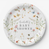 ワイルドフラワーバタフライビー水色ベビーシャワー ペーパープレート (正面)